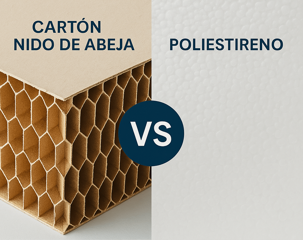 Comparativa visual entre cartón nido de abeja y poliestireno con la pregunta “¿Cuál es más sostenible?